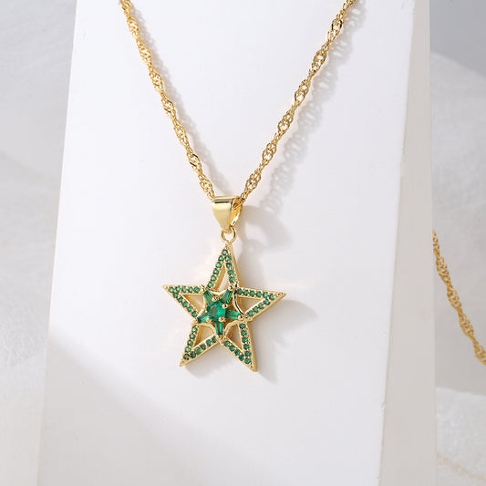 Collar con colgante de estrella de cinco puntas minimalista para mujer con base de cobre bañada en oro de 18 quilates e incrustaciones de circonitas