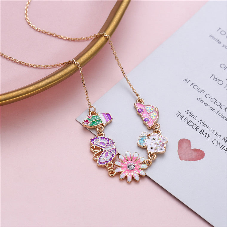 Princess Style Floral Cat and Butterfly Pendant Necklace for Kids Alloy Chain with Enamel Finish