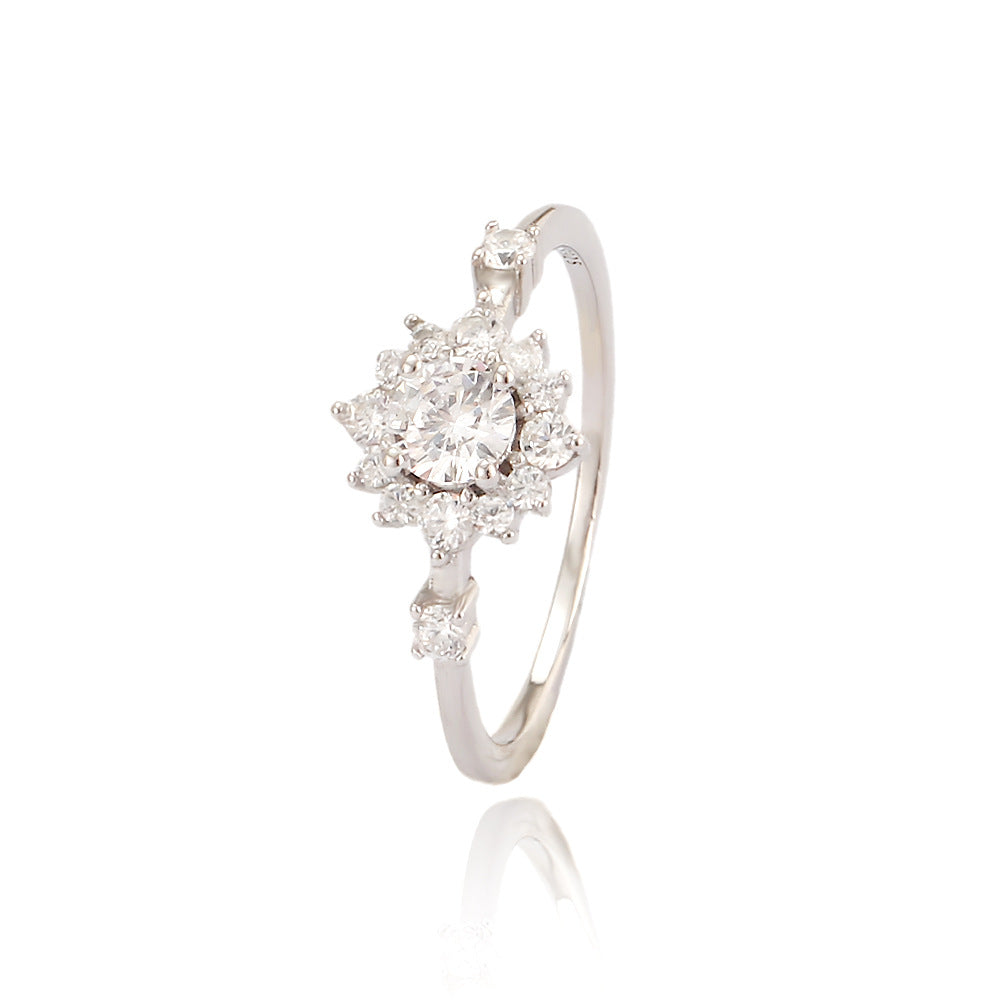 Luxury Elegant Round Geometric Floral Inlaid Cubic Zirconia 925 Sterling Silver Ring for Women Wedding Engagement