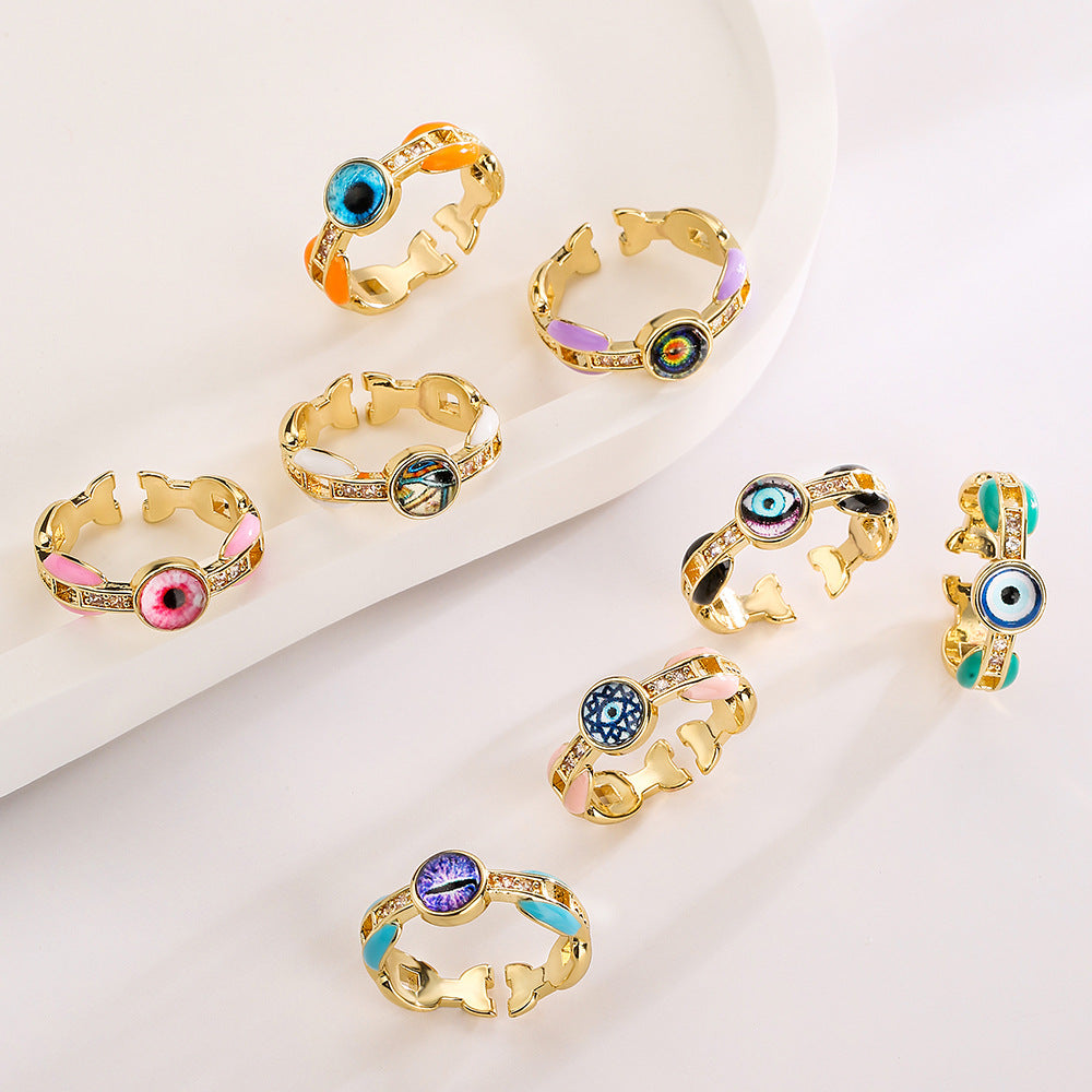 Minimalist Geometric Eye-Shaped Copper Ring with 18K Gold Plating and Enamel Finish for Women