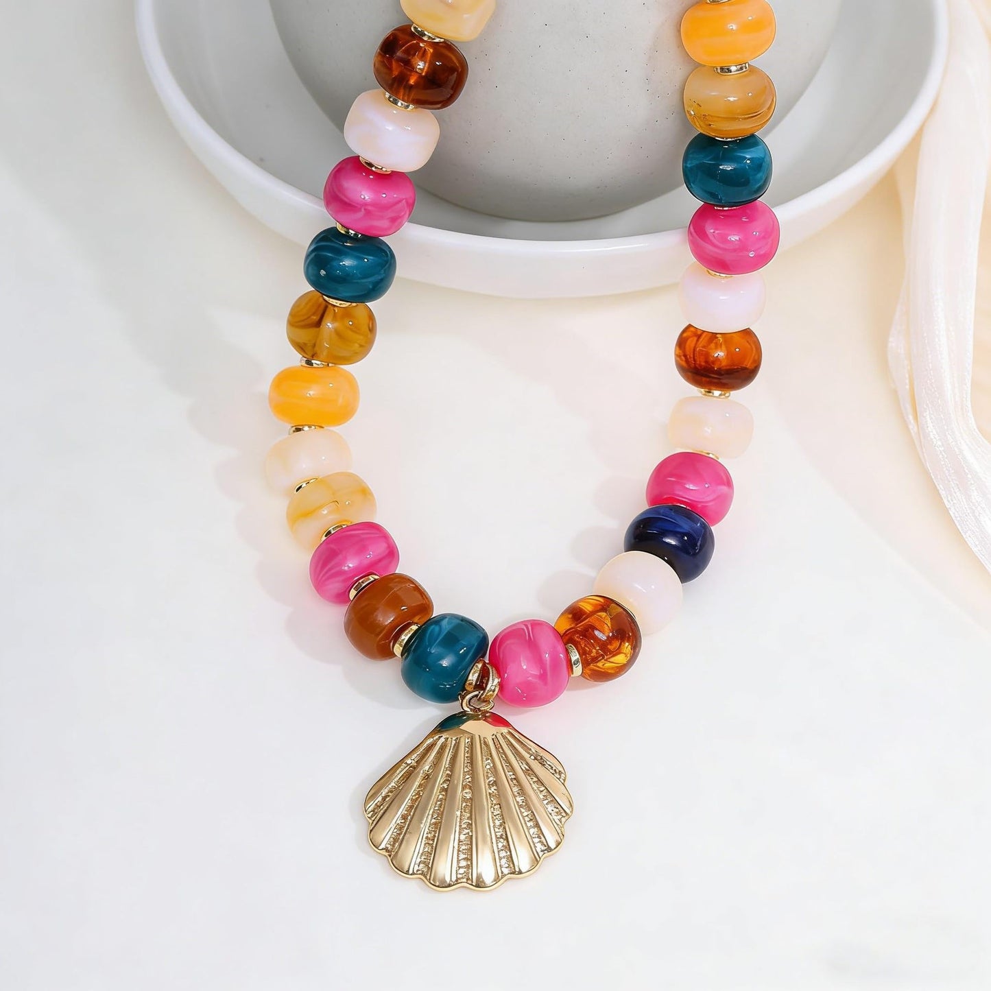 Sweet Geometric Acrylic Shell Starfish Pendant Necklace for Women Adjustable Cable Chain