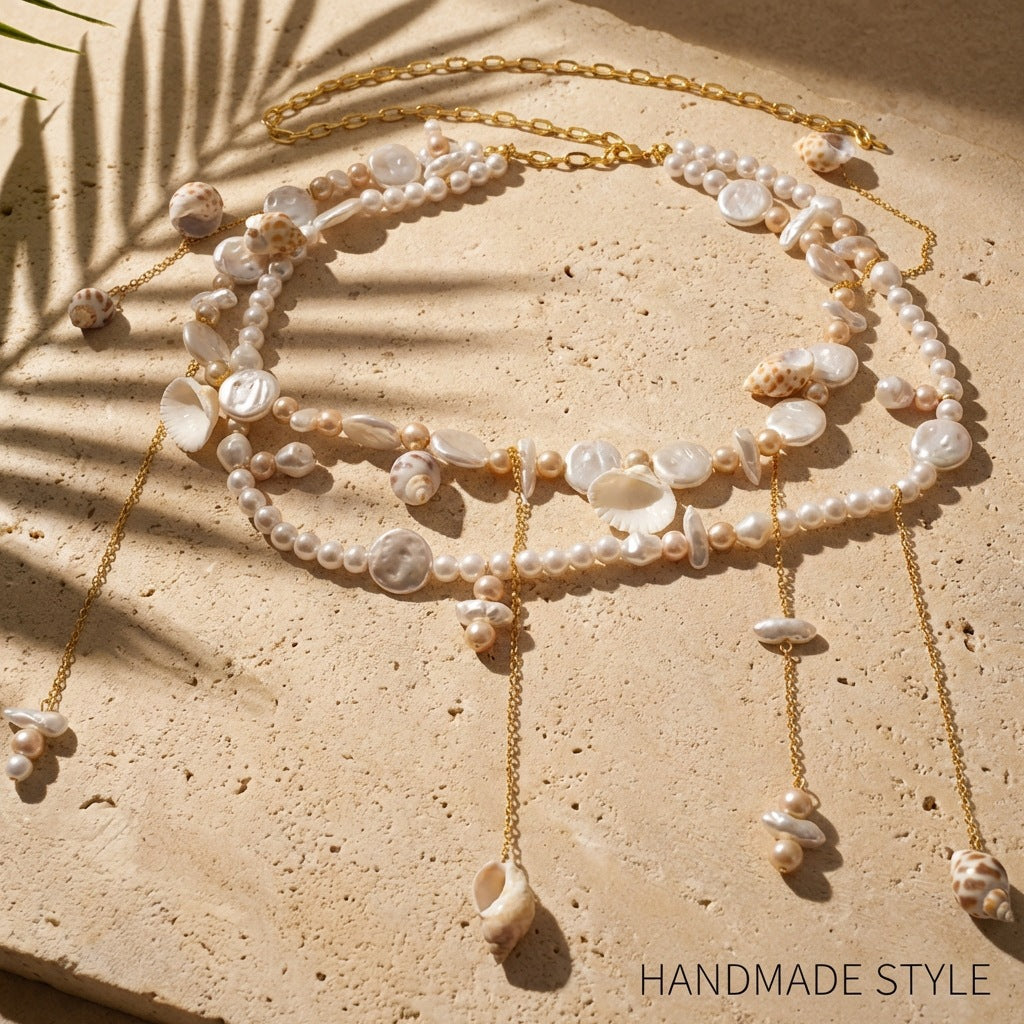 Casual Geometric Alloy Waist Chain with Pearl and Shell Tassels for Women