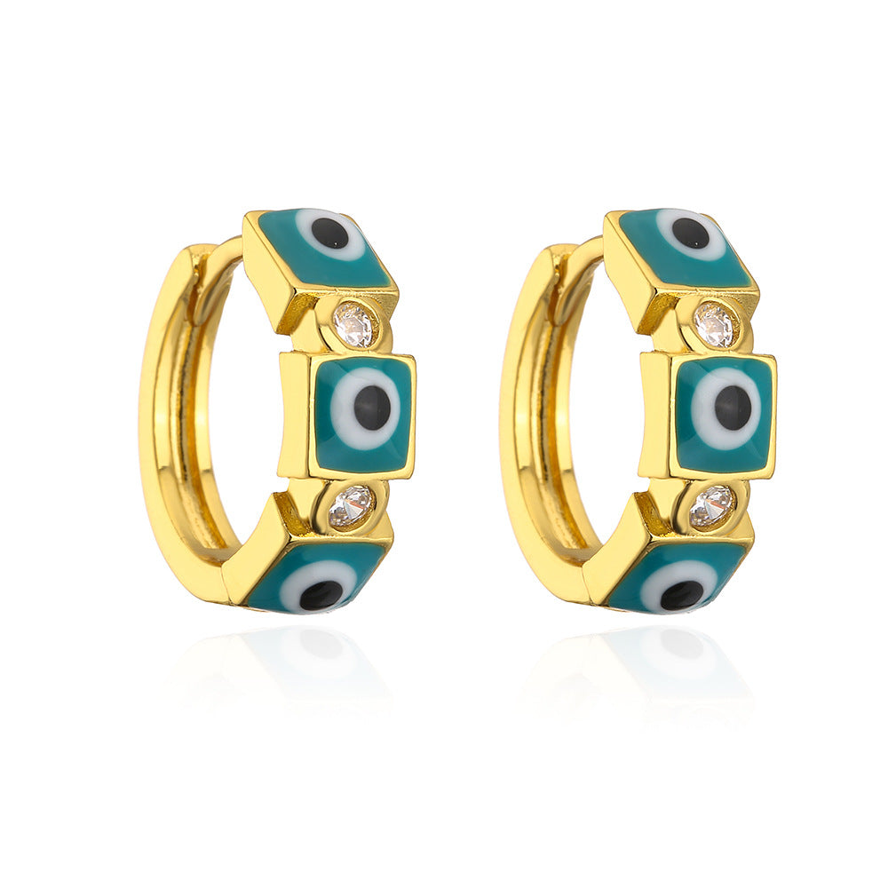 Orecchini a Cerchio Geometrici Color Rame in Stile Vintage con Placcatura in Oro 18K e Dettaglio Occhio Smaltato da Donna