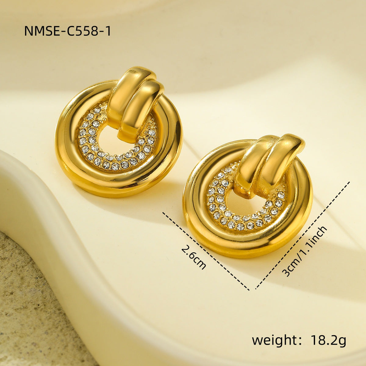 Orecchini a Cerchio Rotondi Stile Vintage in Acciaio Inossidabile con Placcatura in Oro 18K e Intarsio di Zirconi