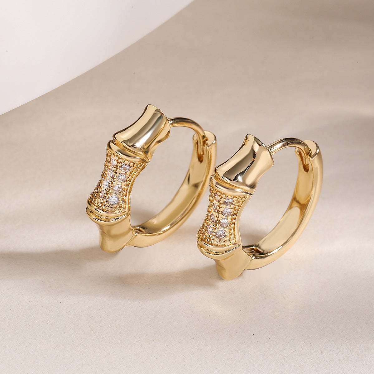 Minimalist Bamboo Joint Shaped Copper Earrings with 18K Gold Plating and Zircon Inlay for Women