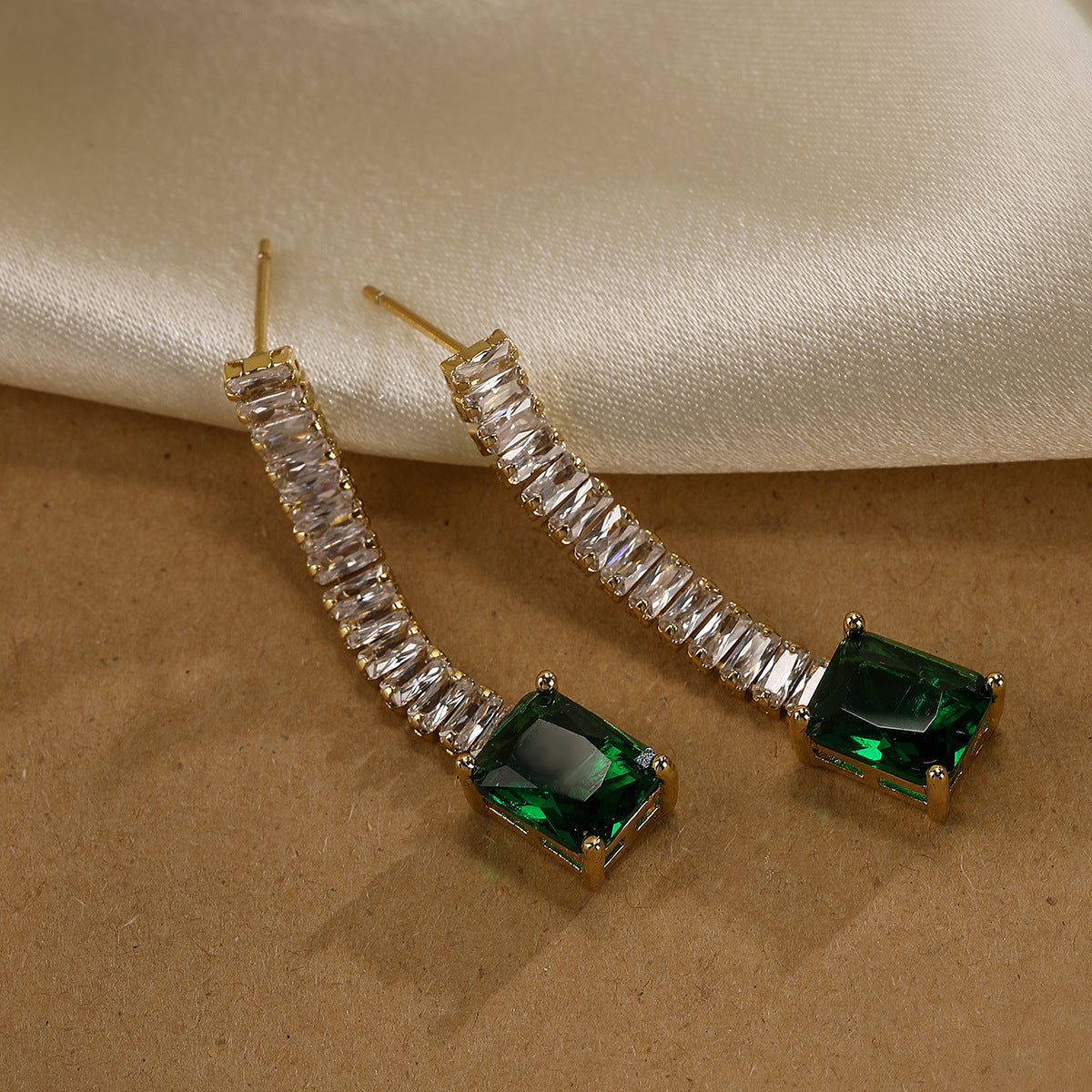 Minimalist Geometric Asymmetrical Tassel Earrings for Women in Brass with Real Gold Plating and Zircon