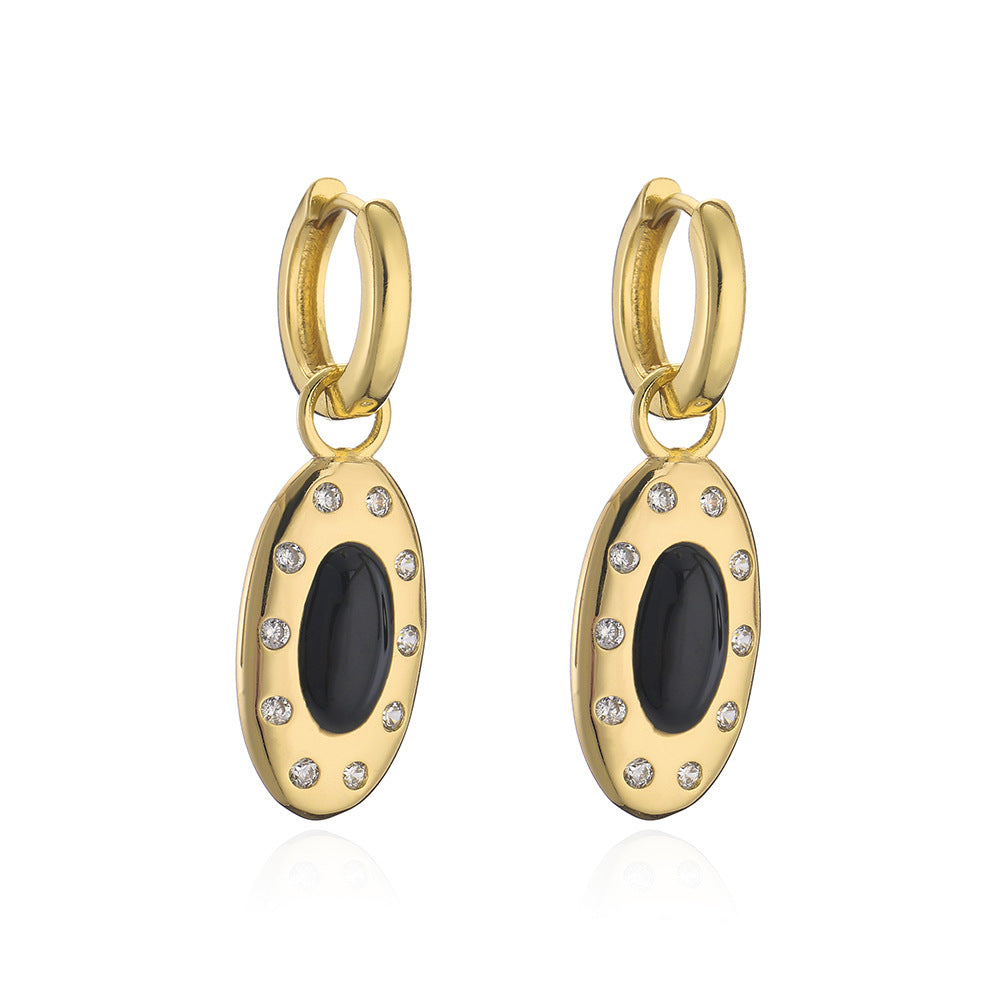 Minimalist Geometric Pendant Earrings in Copper with 18K Gold Plating and Enamel Finish, Micro-Paved Zirconia