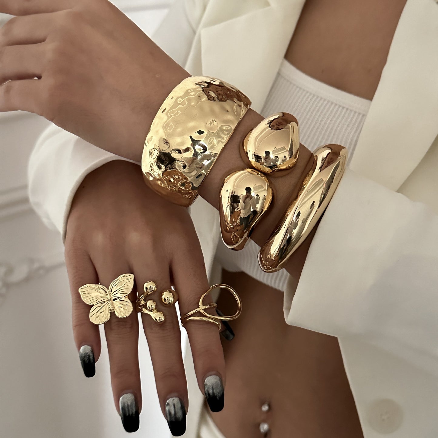 Heavy-Duty Polished Double Teardrop Oval Alloy Bracelet Set