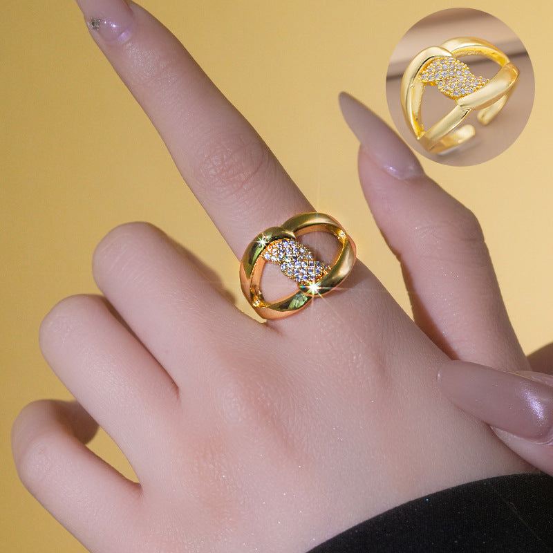 Anello in Rame Geometrico Minimalista con Intarsio di Strass per Donna, Accessorio di Lusso Elettroplaccato alla Moda