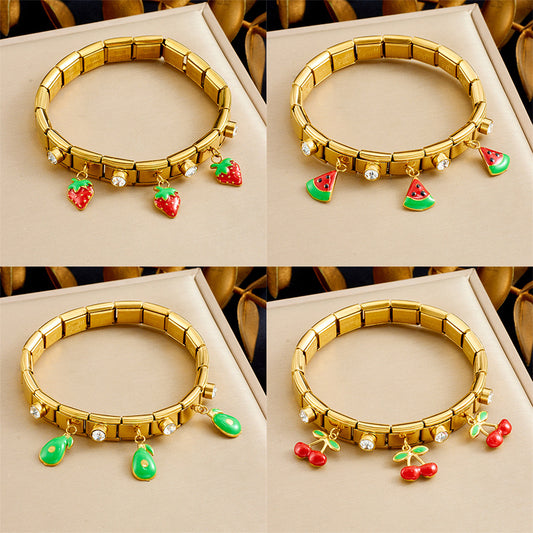 Sweet Fruit Series Drip Oil Rhinestone Inlay Gold Plated Stainless Steel Bracelet