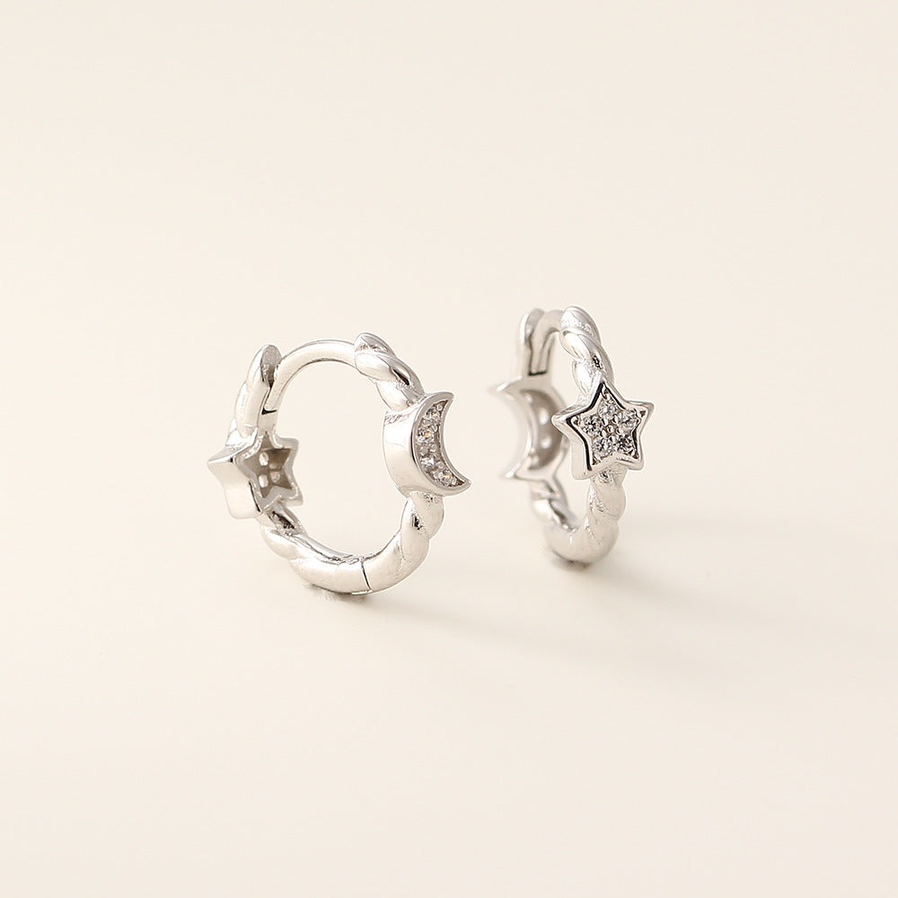 Dulces Pendientes de Aro Geométricos de Plata de Ley 925 con Diseño de Estrella y Luna y Diamantes para Mujer