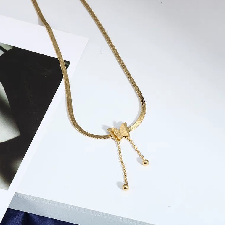 Minimalist 18K Gold Plated Titanium Steel Butterfly Pendant Snake Chain Necklace for Women