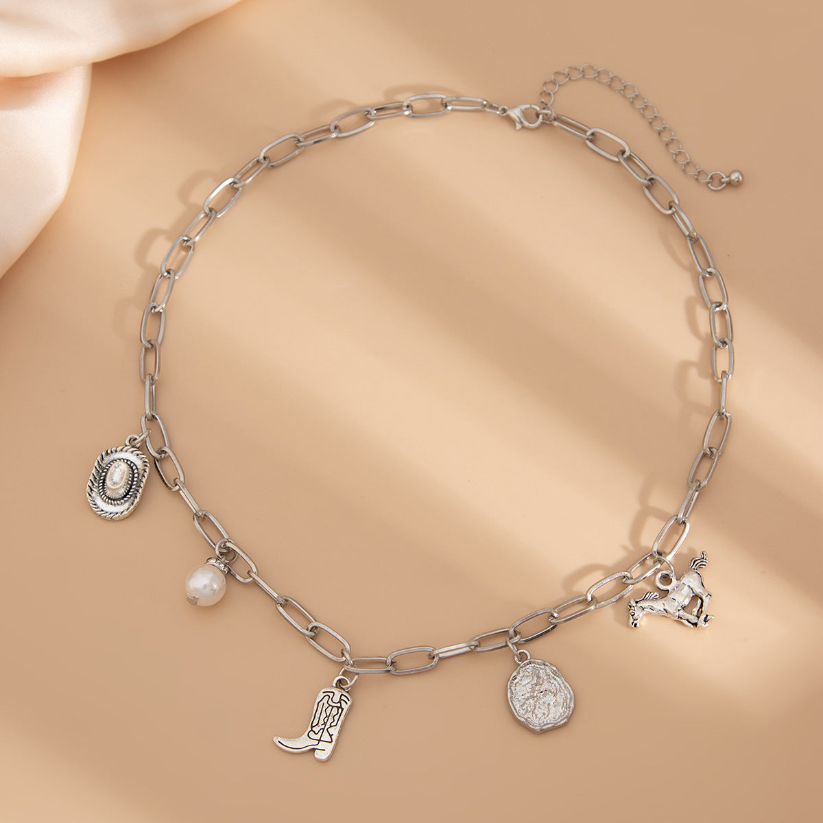Geometric Cowboy Boot Alloy Pendant Necklace with Irregular Pearl for Women