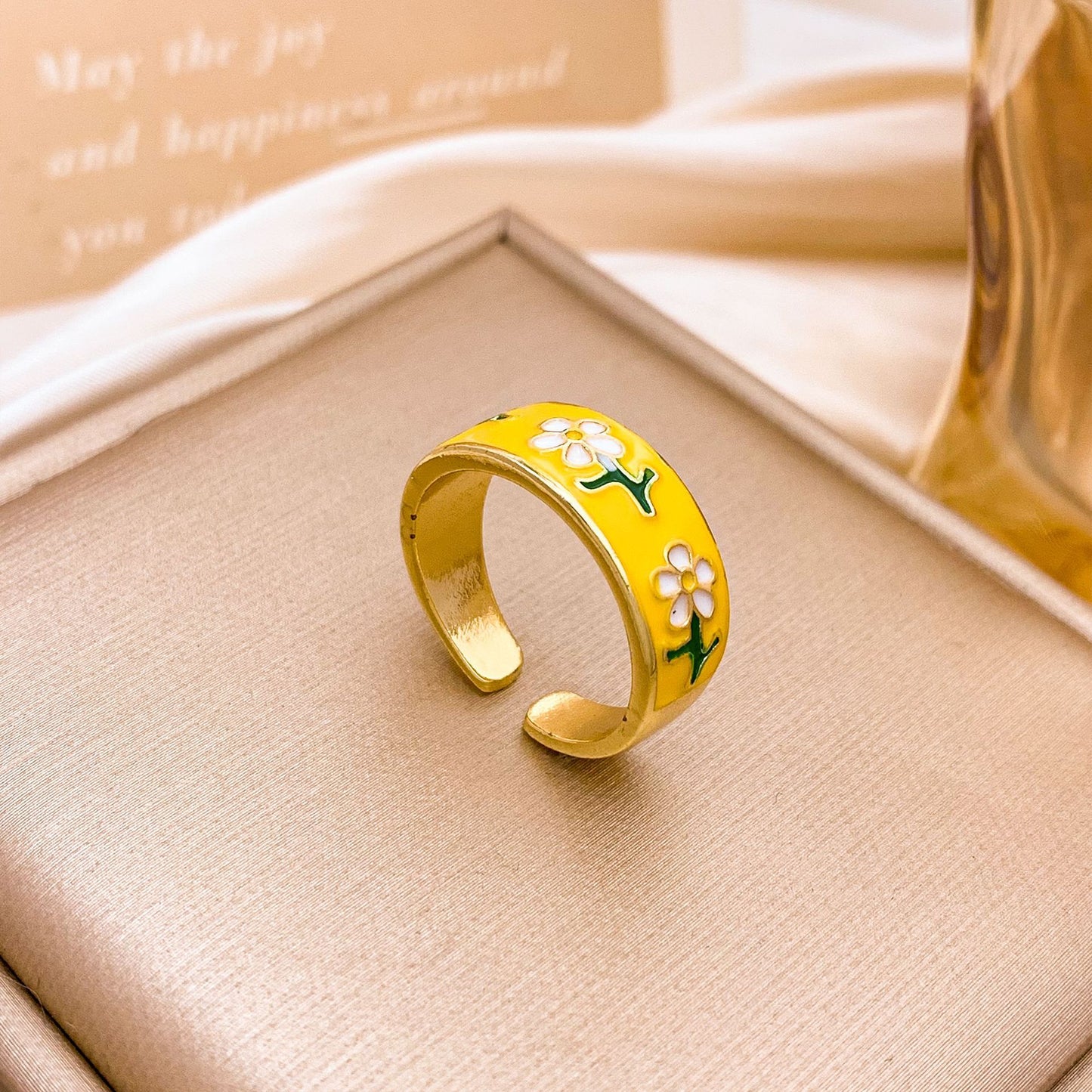 Sweet Minimalist Gold Plated Alloy Ring with Star Moon and Floral Design for Women