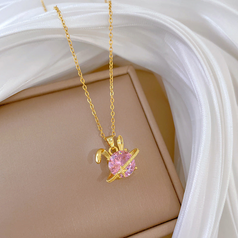 Sweet Minimalist Rabbit Rhinestone Titanium Steel Necklace for Unisex