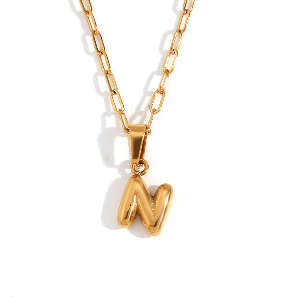 Minimalist Fashion Letter Pendant Necklace in Stainless Steel with 18K Gold Plating, Bubble-Inspired Mini Safety Pin Design for Women