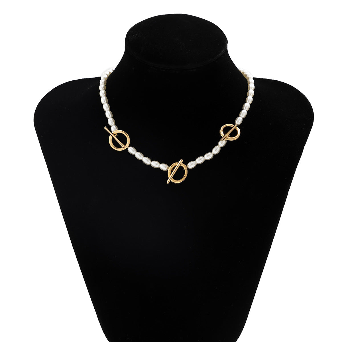 Collana geometrica in lega stile rustico-chic con finitura galvanizzata e dettagli in perle simulate da donna