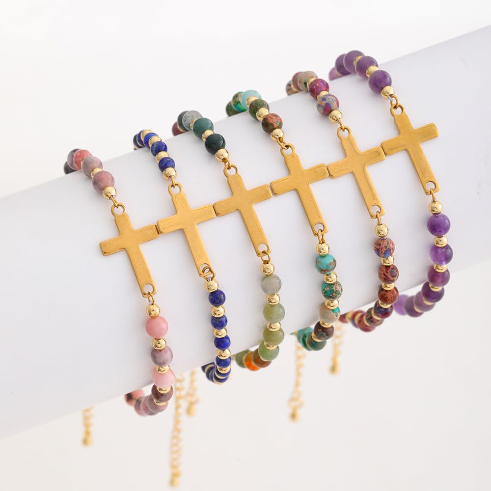 Minimalist Natural Stone Cross Bracelet with Turquoise and Amethyst Inlay for Women