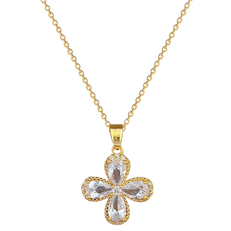 Collana con ciondolo a trifoglio in zircone geometrico fresco e dolce di lusso in acciaio inossidabile unisex