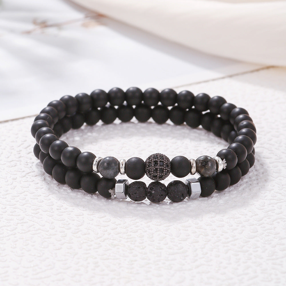 Matte Black Volcanic Stone and Brass Beaded Bracelet with Micro-set Cubic Zirconia, Geometric Round Design for Unisex