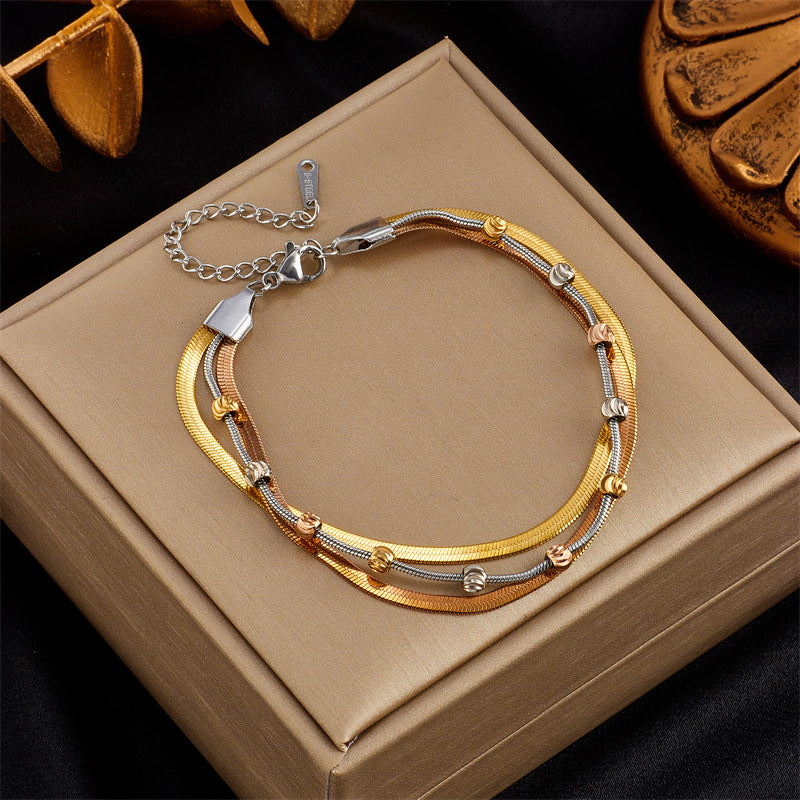 Vintage Punk Style Titanium Steel Plated Multi-Layer Stackable Hand Chain with Contrasting Colors