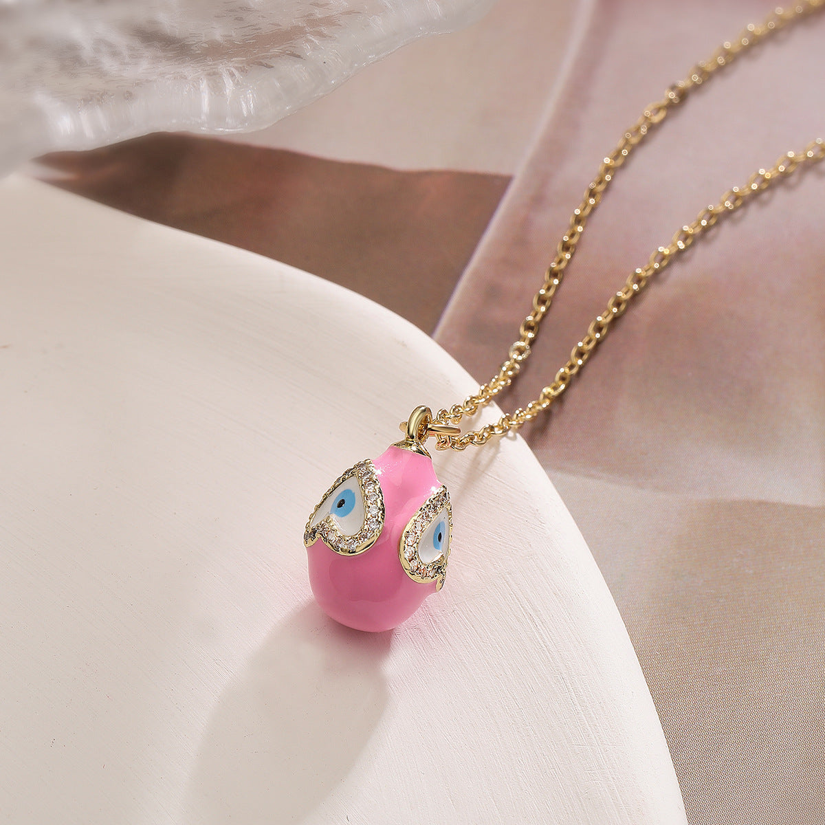 Minimalist Geometric Evil Eye Pendant Necklace with Copper Base Plated in 18K Gold and Enamel Finish, Zircon Inlay
