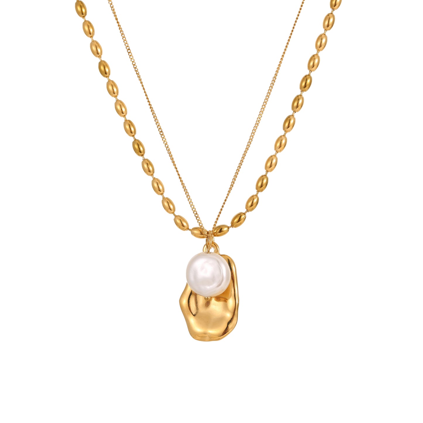 Collar de Acero Inoxidable Minimalista Geométrico de Moda con Baño de Oro de 18K y Perla Barroca para Mujer
