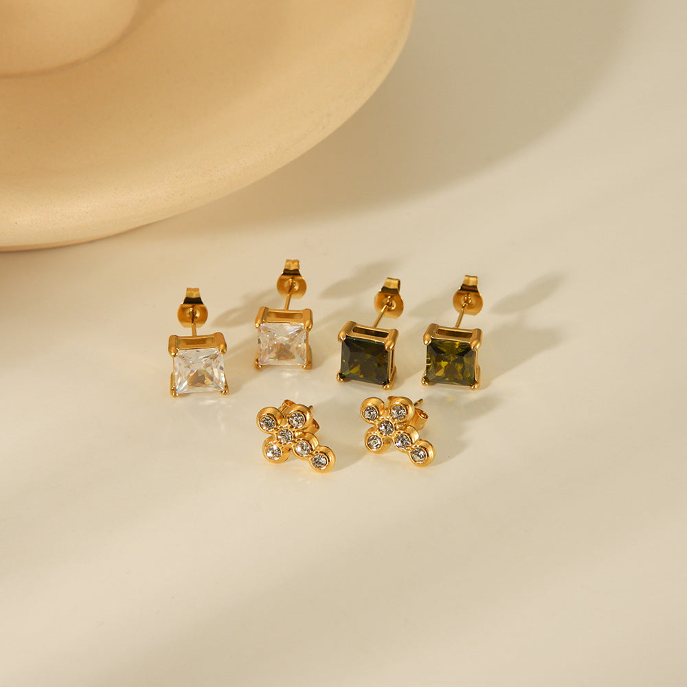 Minimalist Titanium Steel Square Zircon Earrings for Women with Vacuum Plating Finish