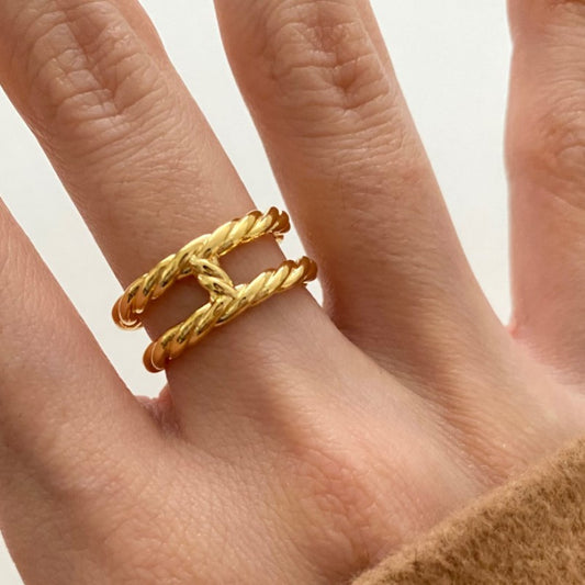 Anillo abierto de plata de ley 925 con doble capa redonda y letra en forma de H