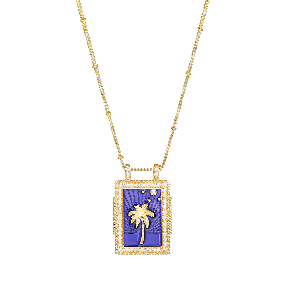 Geometric Gold Plated Brass Drip Oil Cubic Zirconia Inlay Tarot Necklace with Cable Chain