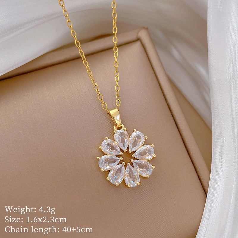Rotating Zircon Flower Pendant Necklace for Women Stainless Steel Delicate Clavicle Chain with Full Rhinestone Accents