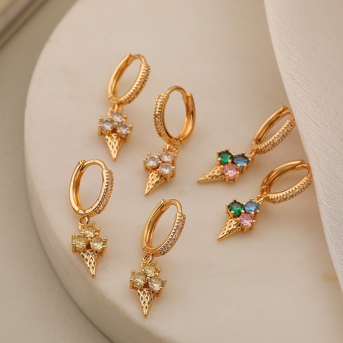 Minimalist Geometric Ice Cream Shaped Copper Earrings with Real Gold Plating and Zircon Accents for Women