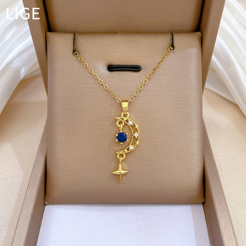 Collana con Ciondolo Stella e Luna Minimalista con Intarsio Completo di Strass su Catena in Acciaio al Titanio da Donna