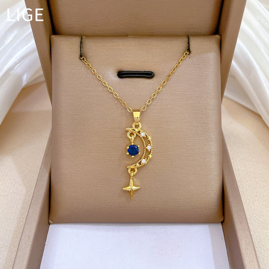 Minimalist Star and Moon Pendant Necklace with Full Rhinestone Inlay on Titanium Steel Chain for Women