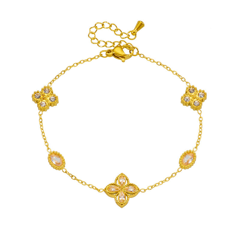 Luxury Elegant Geometric Floral Rhinestone Inlay Stainless Steel Double Layer Bracelet with Pearl