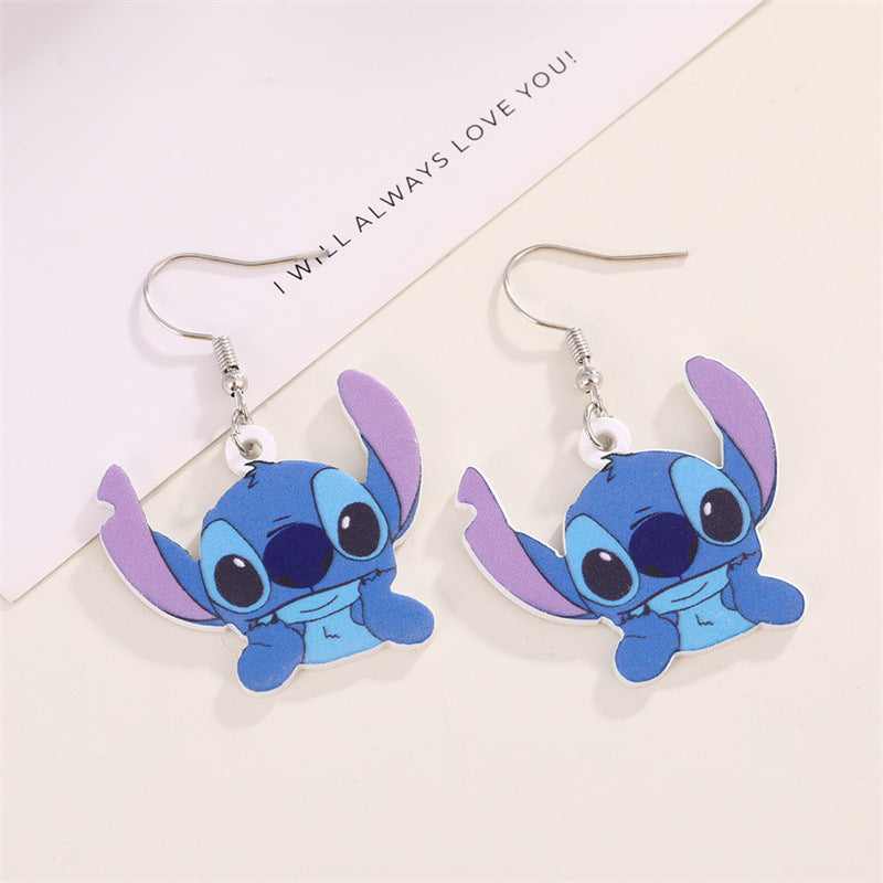 Pendientes de tuerca acrílicos de Stitch de dibujos animados con forma de lazo e incrustaciones de perlas para niños