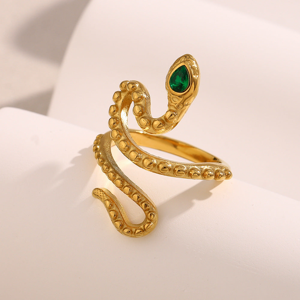 Anillo Abierto de Tres Capas con Cabeza de Serpiente, Flor y Estrella, de Acero Inoxidable con Baño de Oro de 18K a la Moda para Mujer