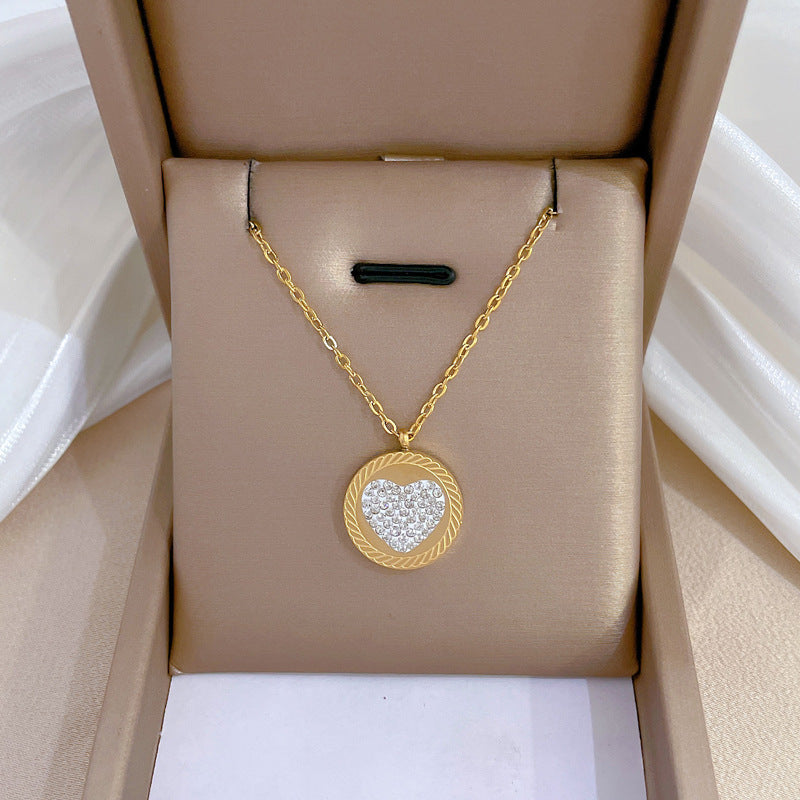 Minimalist Geometric Heart Pendant Necklace Set in Titanium Steel with Rhinestone Inlay and Gold Plating for Women