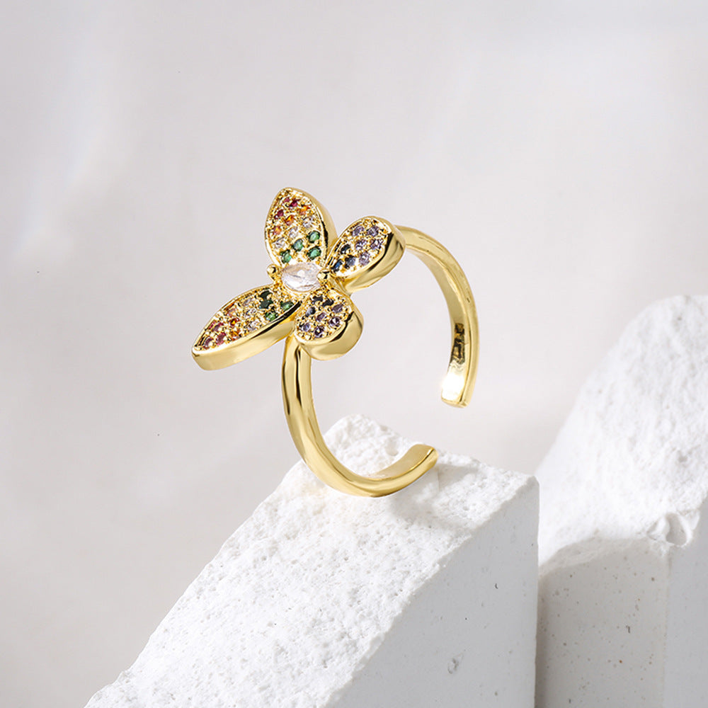 Minimalist Butterfly and Dragonfly Shaped Adjustable Copper Ring with Real Gold Plating and Zircon Inlay for Women