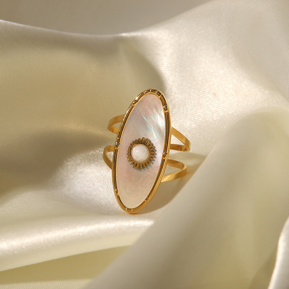 Vintage French Style 18K Gold Plated Stainless Steel Oval Mother of Pearl and Pearl Inlay Open Ring for Women