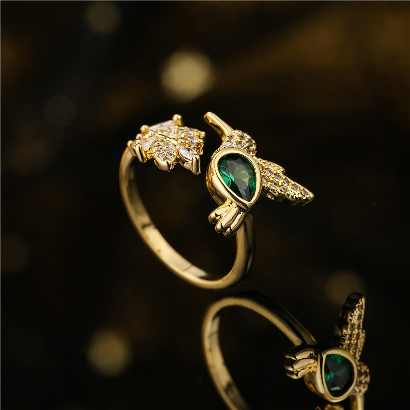 Gold Plated Brass Micro-Inlaid Cubic Zirconia Leaf Geometric Open Ring for Women