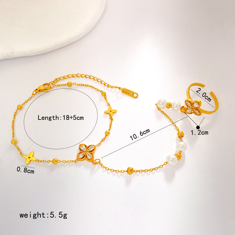 Matte Gold Plated Titanium Steel Butterfly Bead Hand Chain Ring