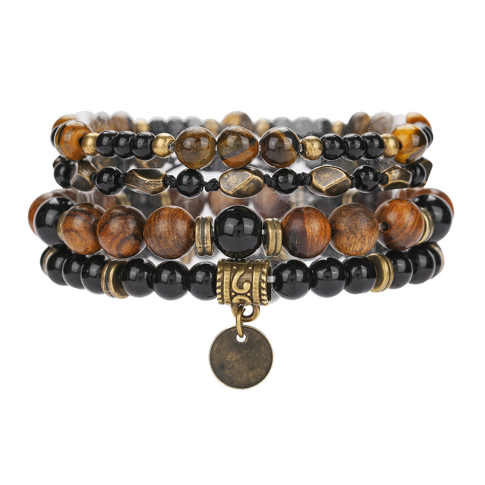 Hip-hop Men's Natural Tiger Eye Black Agate Wood Bead Stretch Bracelet Geometric Round Adjustable