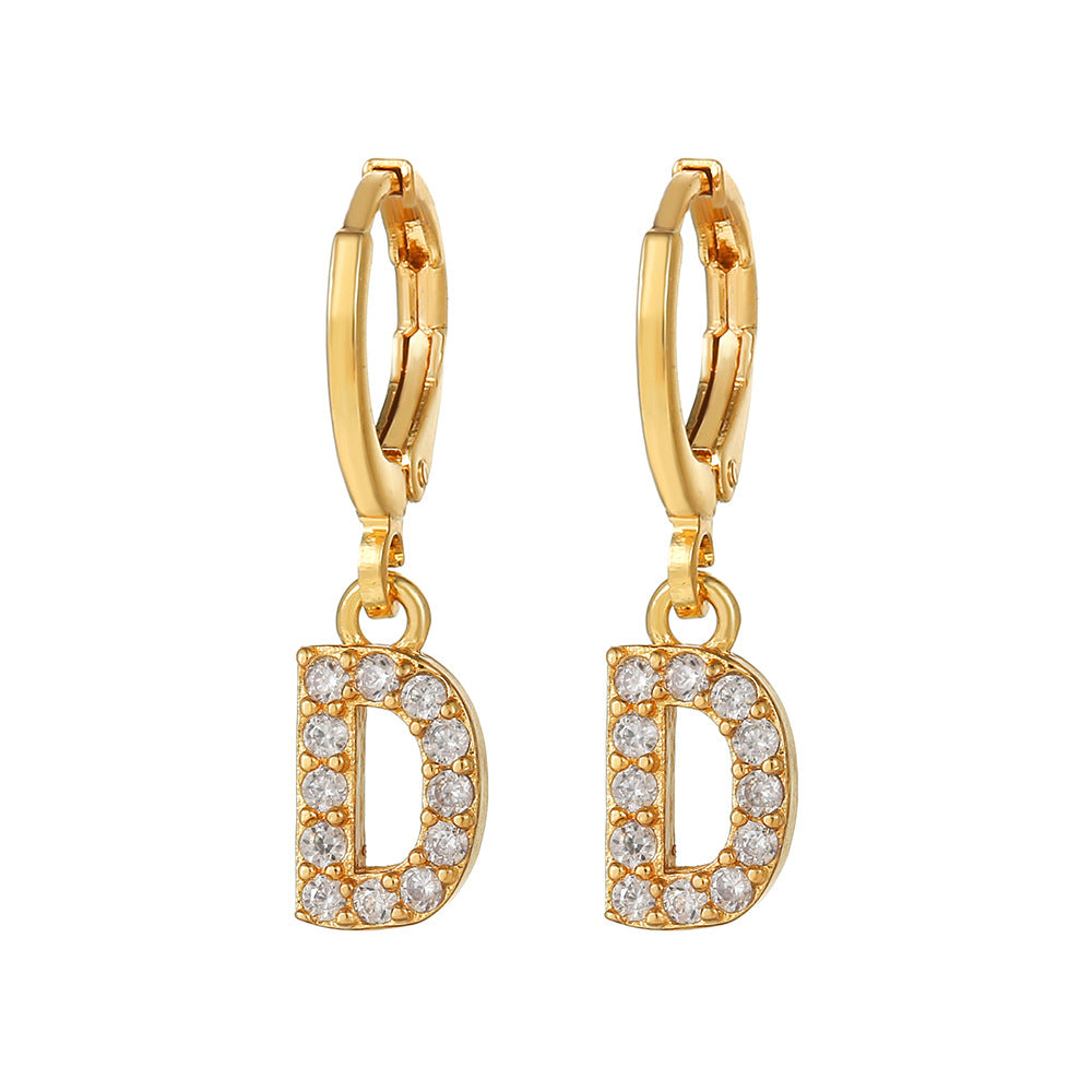Minimalist Elegant Gold Plated Brass Micro-Inlaid Cubic Zirconia Letter Hoop Earrings for Women