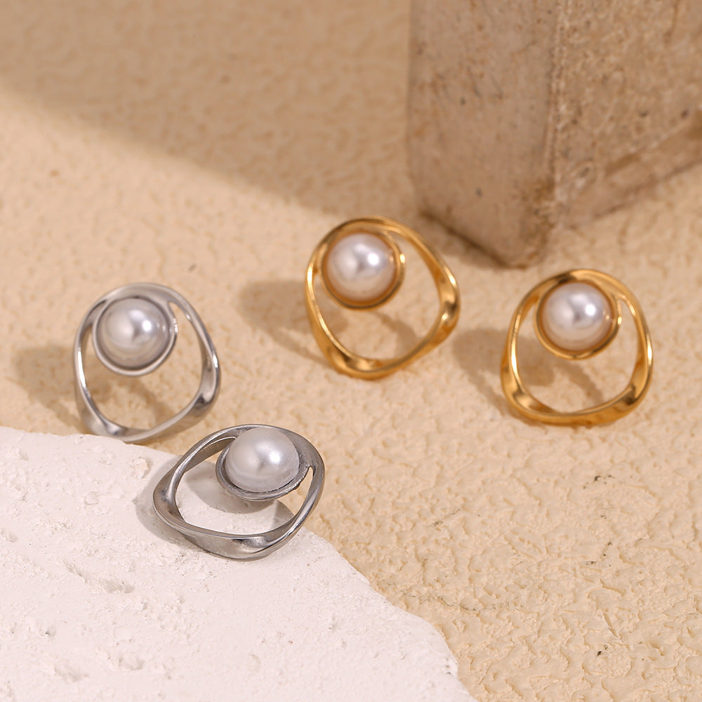Vintage-Inspired Geometric Stainless Steel Ear Studs with 18K Gold Plating and Hollow-Out Pearl-Like Detail for Women