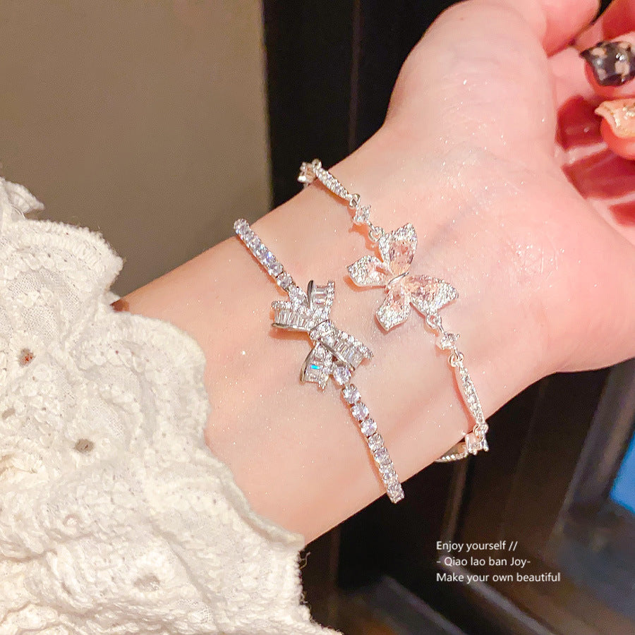 Vintage Sweet Butterfly Brass Bracelet with Cubic Zirconia Inlay for Women
