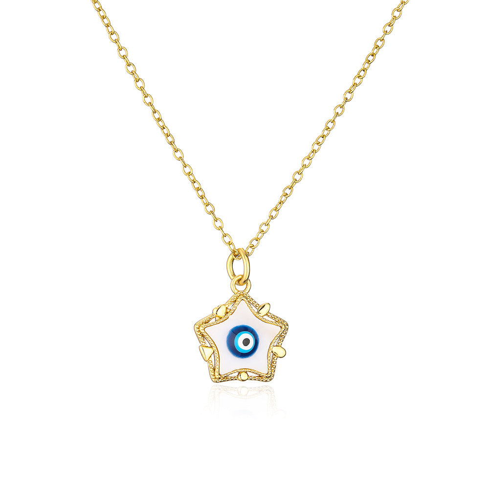 Collana Minimalista Geometrica a Cinque Punte Occhio di Allah da Donna, in Rame Placcato Oro 18K con Finitura a Smalto
