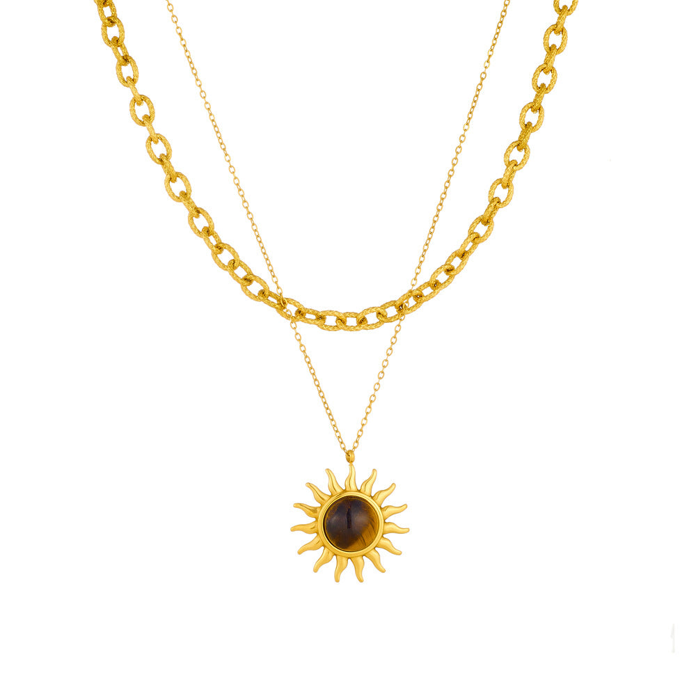 Vintage Fashion Sun-Shaped Geometric Pendant Necklace in Stainless Steel with Plated Finish for Women