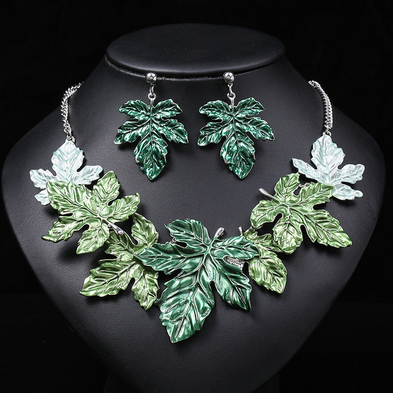 Exaggerated Vintage Maple Leaf Enamel Alloy Necklace and Earrings Set with Leaf Motif for Women