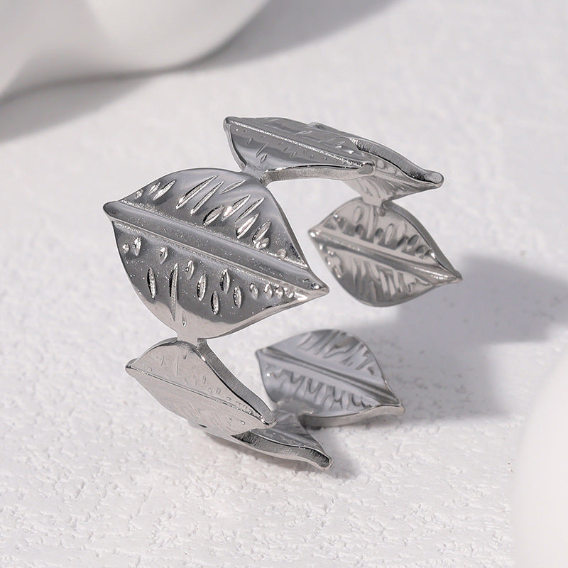 Minimalist Leaf-Shaped Stainless Steel Adjustable Open Ring for Women with Gold Plating